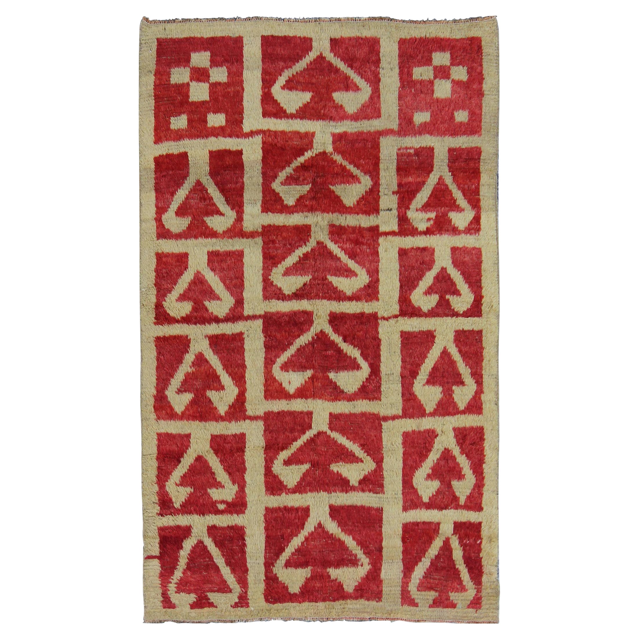 Mid-Century Turkish Tulu Carpet with Tribal Pattern in Red and Butter Cream