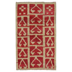 Mid-Century Turkish Tulu Carpet with Tribal Pattern in Red and Butter Cream
