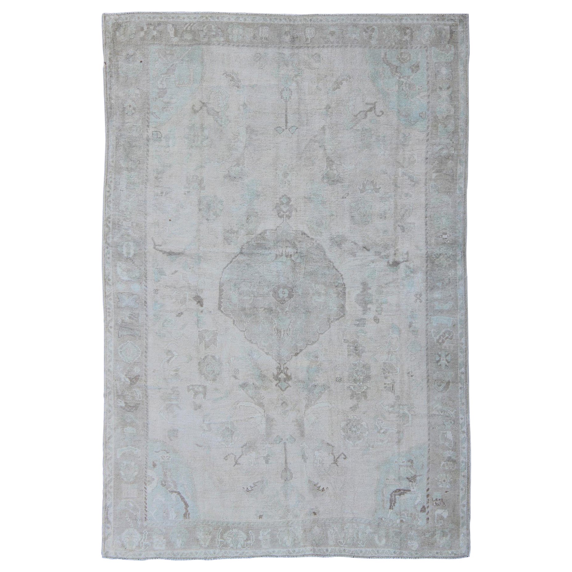 Muted Layered Medallion Vintage Turkish Oushak Rug in Taupe, Lt Blue, and Brown