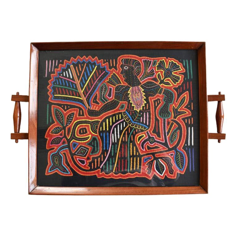 Colorful Embroidered and Quilted Textile Wood and Glass Tray with Figural Motif For Sale
