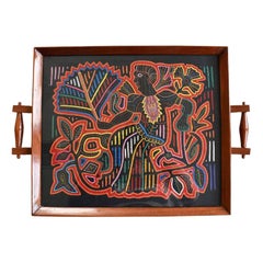 Colorful Embroidered and Quilted Textile Wood and Glass Tray with Figural Motif