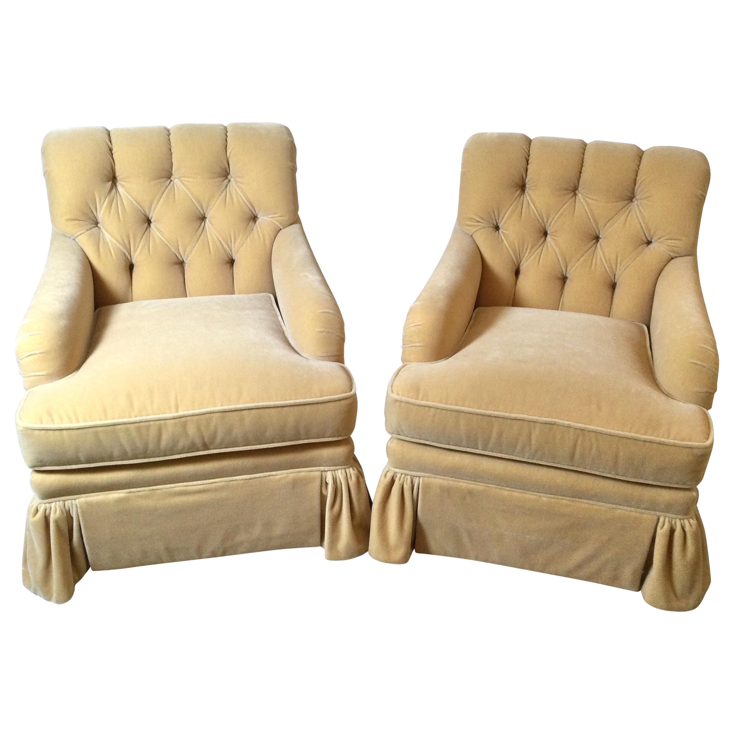 Late 20th Century Pair of Fawn Colored Mohair Club Chairs with Tufted Backs