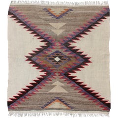 American Antique Navajo Rug Geometric Design in Ivory, Red, Black and Lavender
