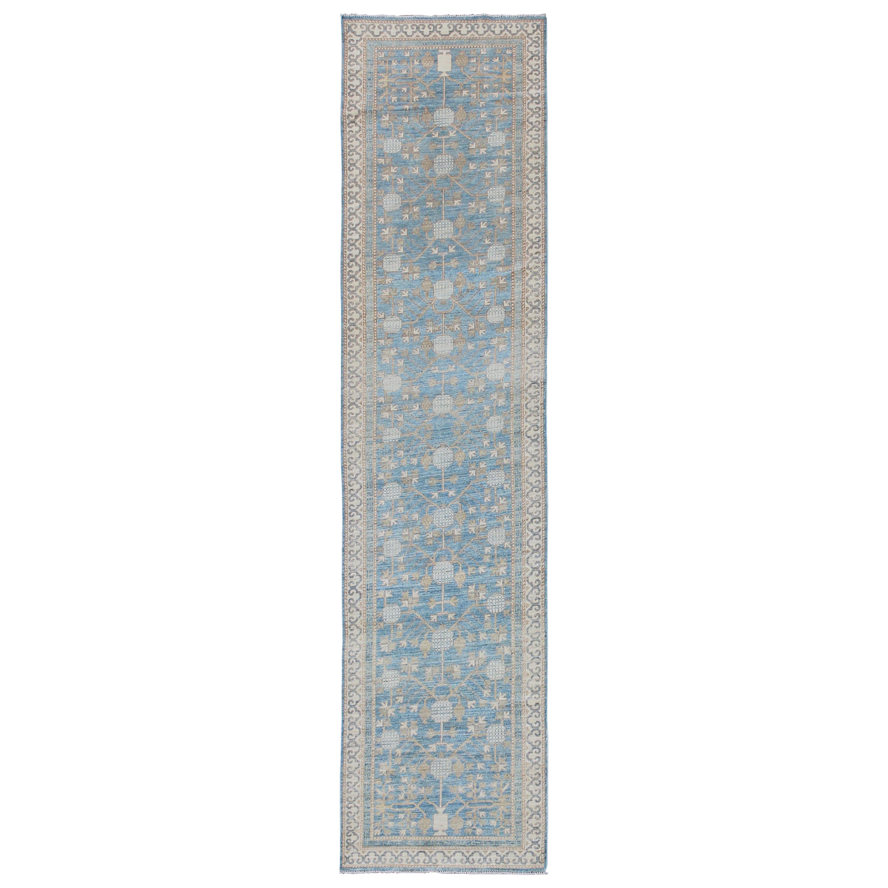 Afghan Blue and Tan Khotan Runner with All-Over Geometric-Pomegranate Pattern