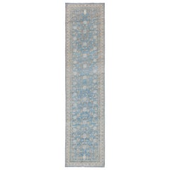 Afghan Blue and Tan Khotan Runner with All-Over Geometric-Pomegranate Pattern