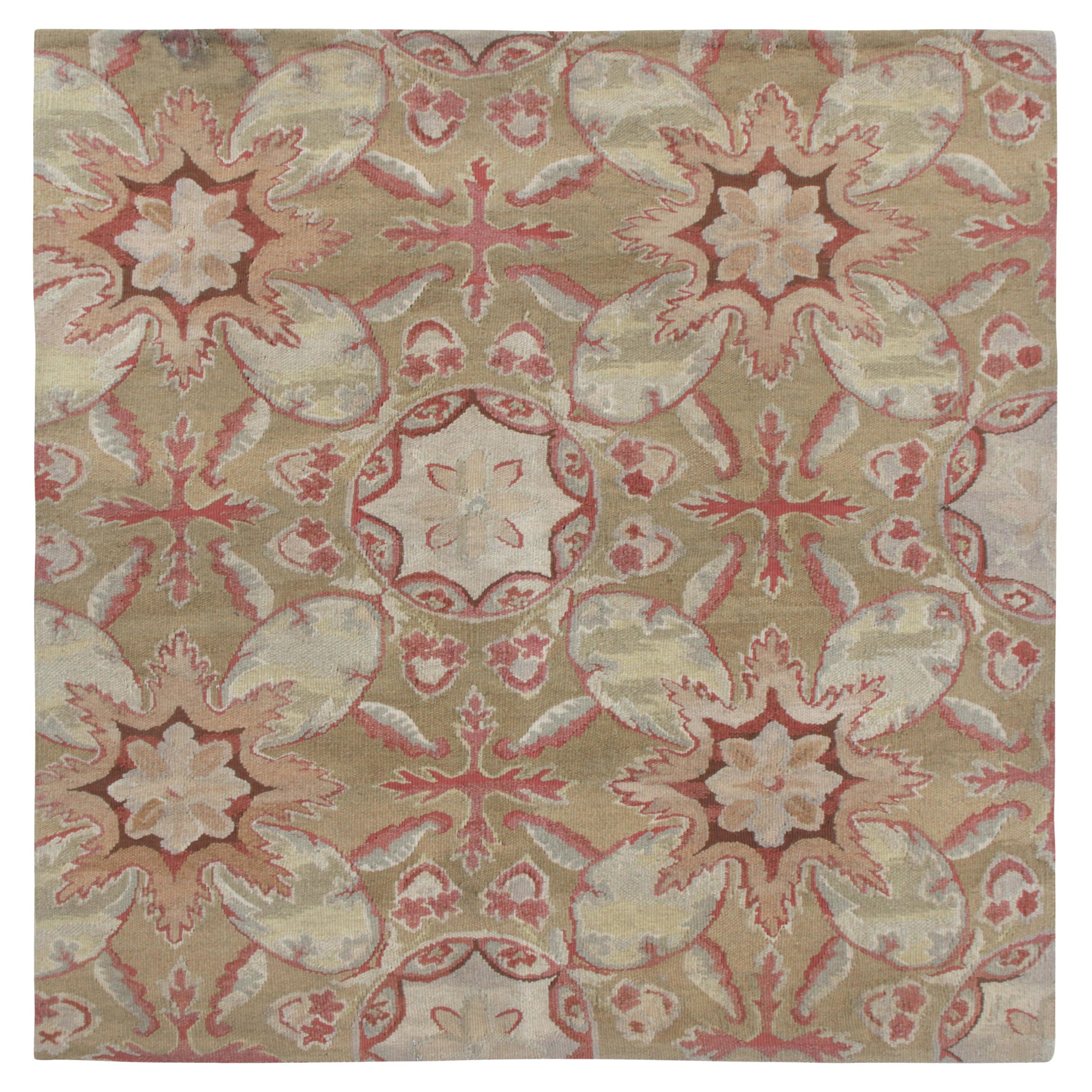 Rug & Kilim’s Aubusson Flat Weave Style Rug, Beige-Brown, Pink Floral Pattern For Sale