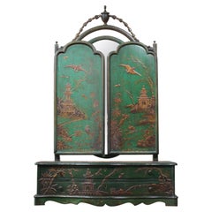 Miroir de coiffeuse de maison de campagne Chinoiserie vert émeraude du 19ème siècle