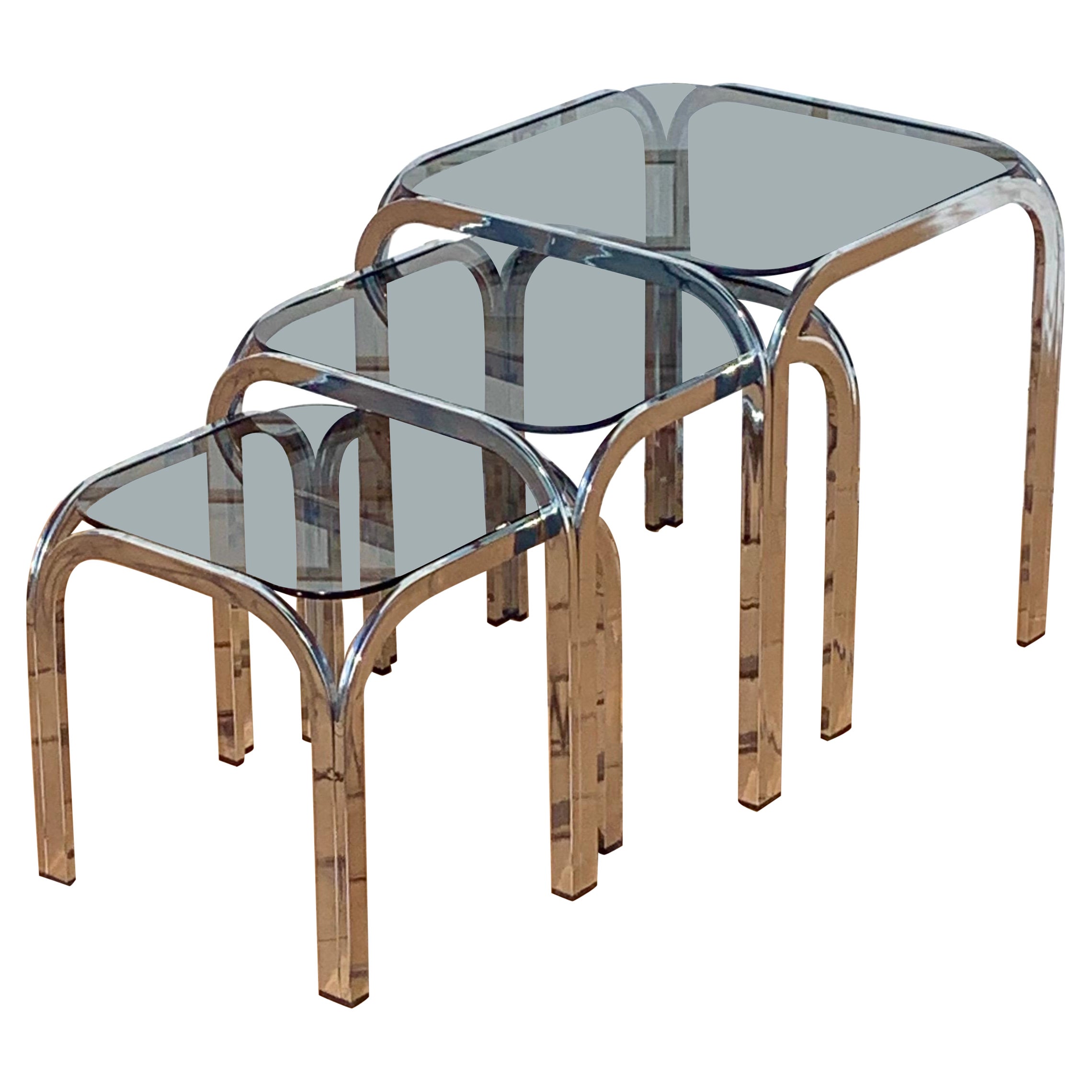 Chrome and Smoked Glass Nesting Tables in the Style of Marcel Breuer