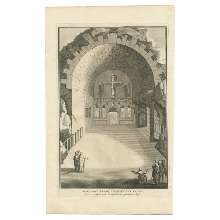 Grabado antiguo de la Cueva de Patmos donde Juan escribió el Apocalipsis, 1725