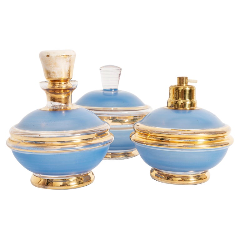 Glass Vintage Baby Blue and Gold Bathroom Set, France, 1960s For Sale at 1stDibs