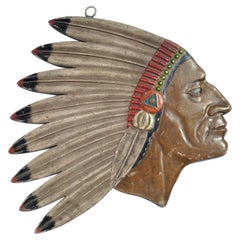 Antique Folk Art Carved Native American Chief Head Advertising Sign