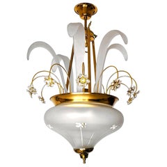 Fabulous Hollywood Regency Murano Crystal Flower Bouquet & Gilt Brass Chandelier