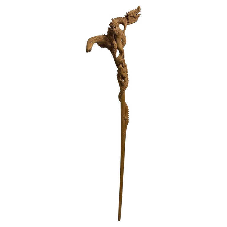 Hand Carved Wood Multi Dragon Head Asian Chinese Walking Cane Stick For  Sale at 1stDibs