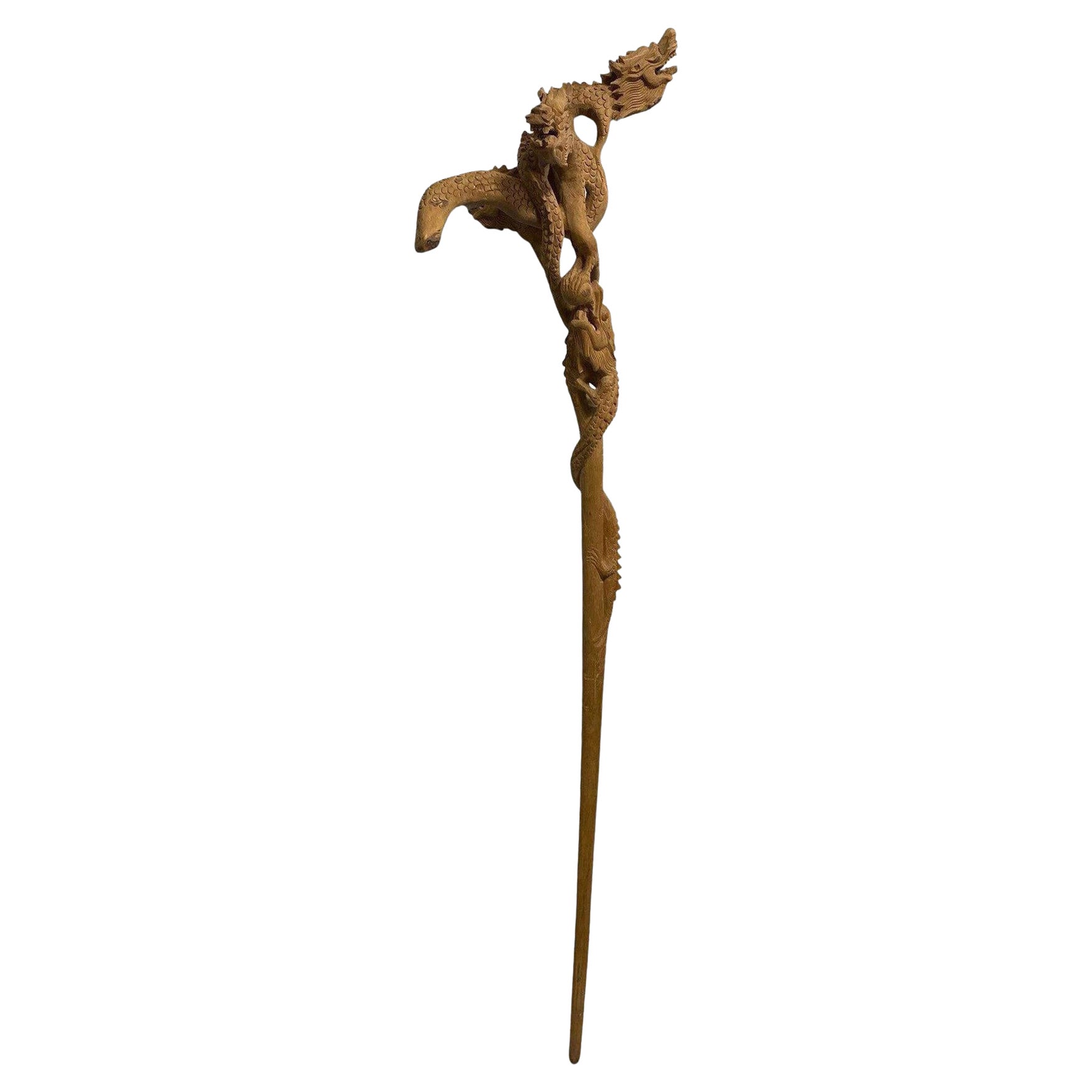 Hand Carved Wood Multi Dragon Head Asian Chinese Walking Cane Stick