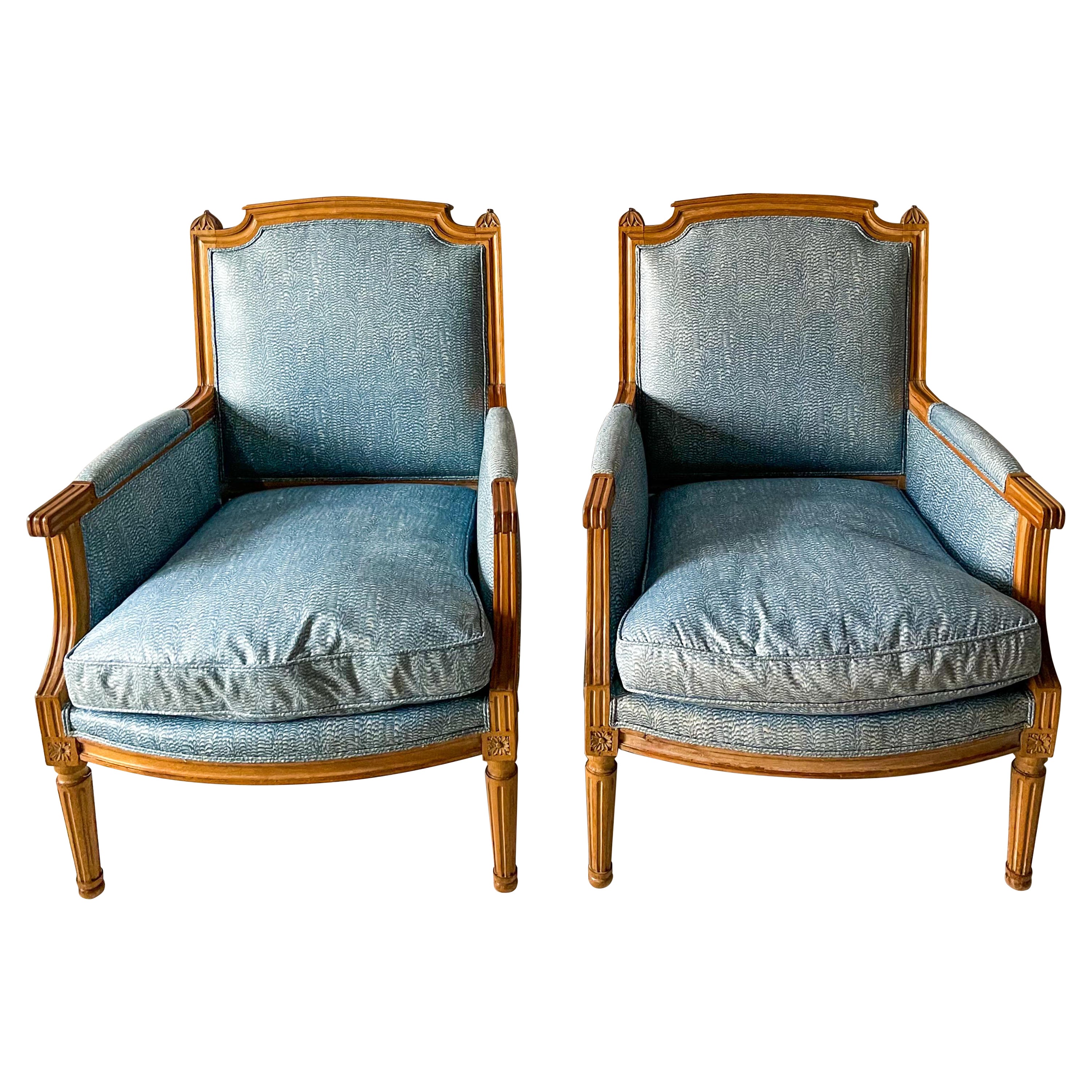French Directoire Style Cerused Oak Club Chairs in Blue Chintz, Pair
