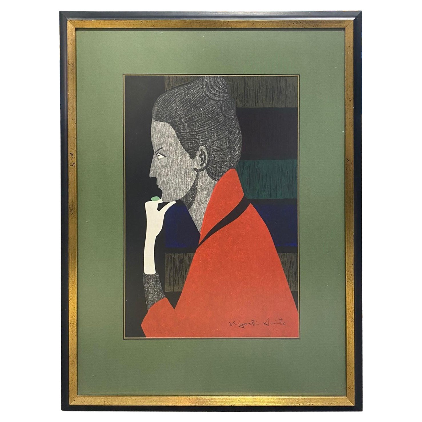 Kiyoshi Saito Signed Japanese Print Shop Girl Cardin Paris 'Green Ring' 1960