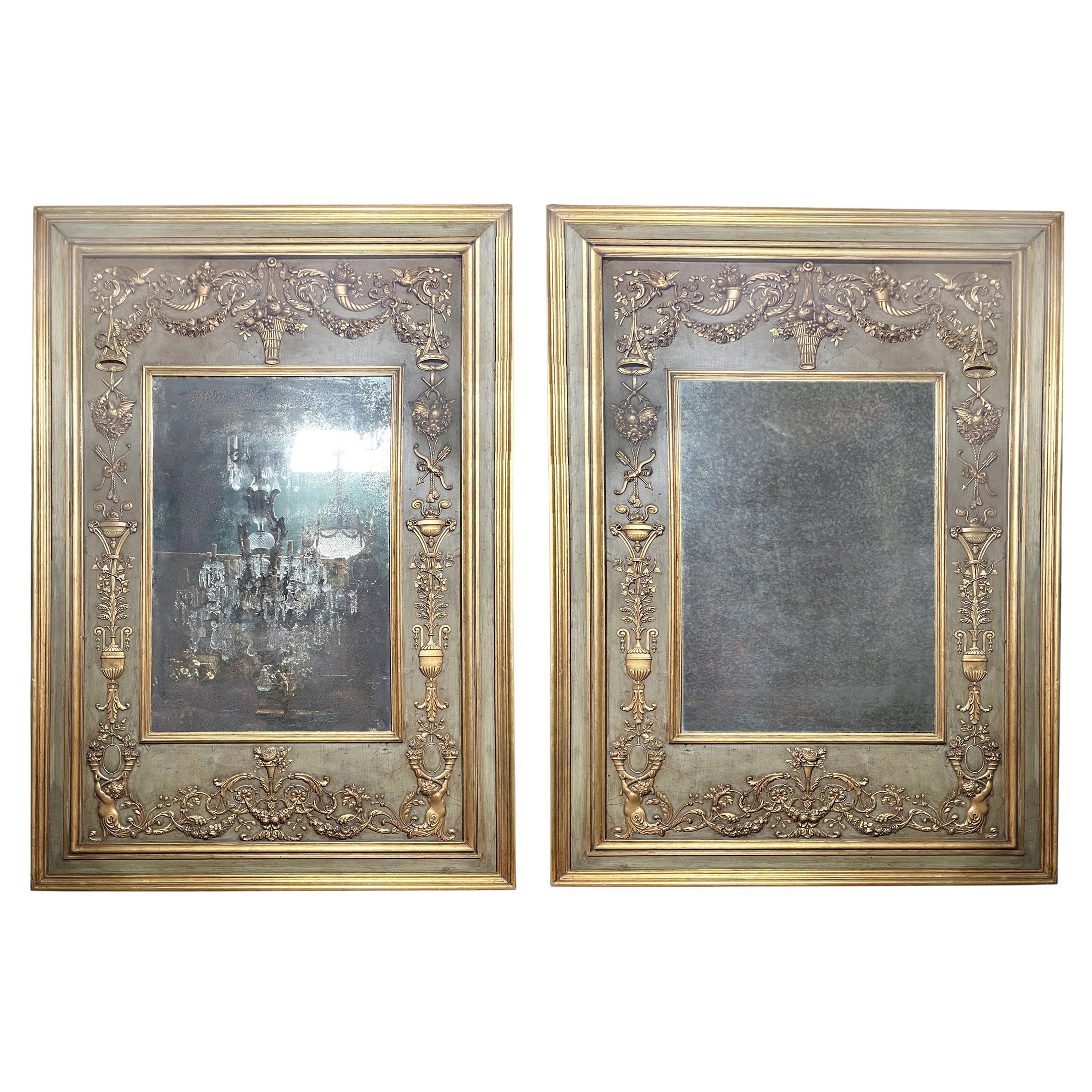 Pair Monumental Italian Green Mirrors, 19th Century For Sale