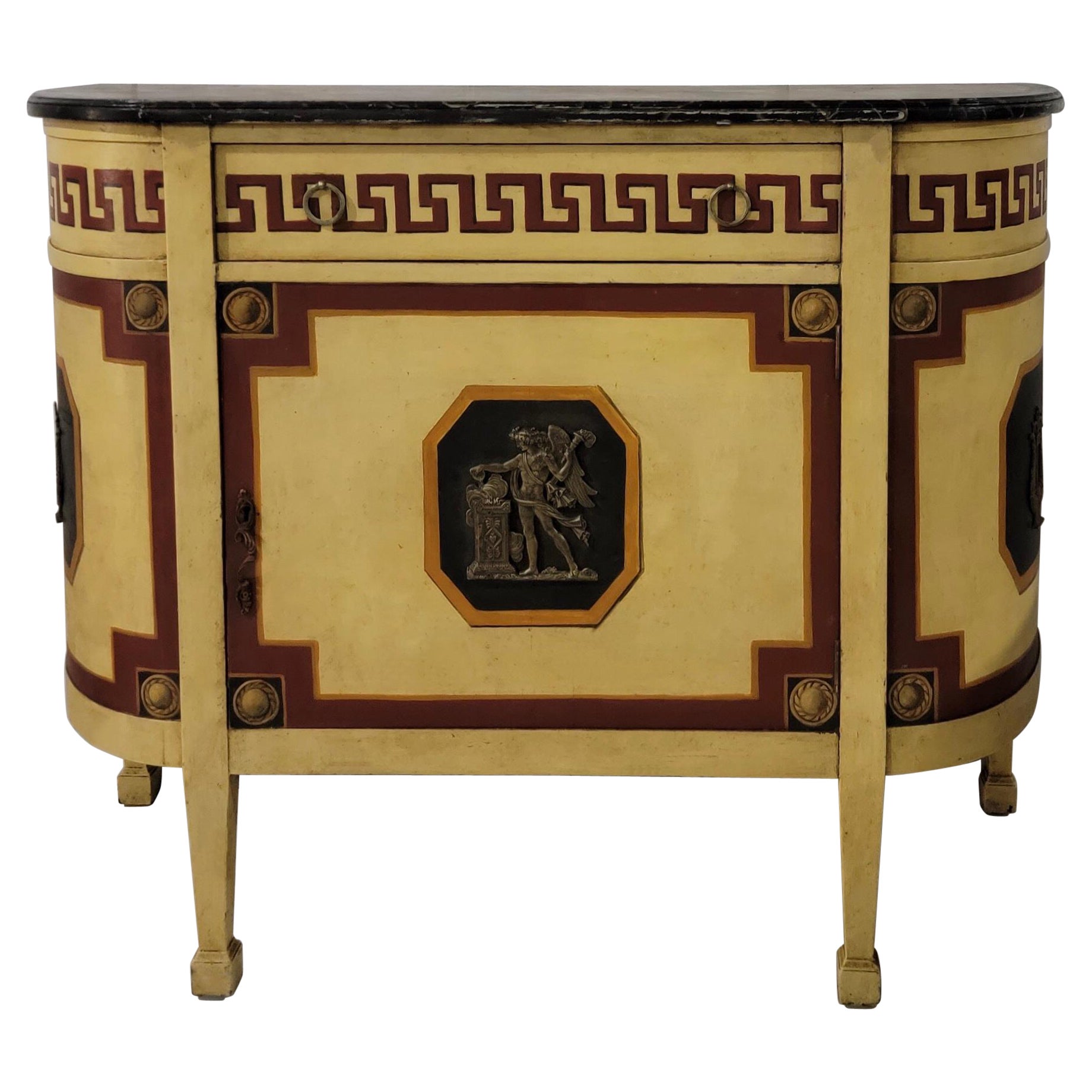 Early 20th-C. Italian Neo-Classical Style Faux Marble Painted Demilune Cabinet
