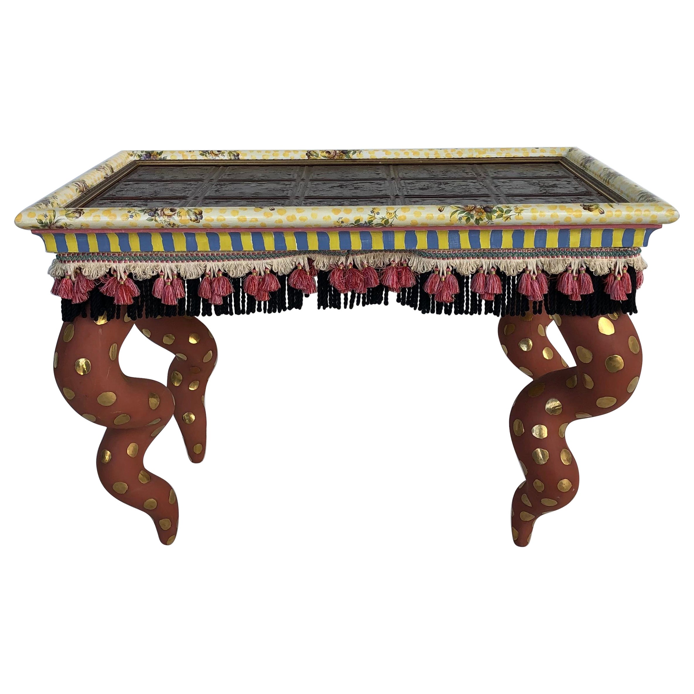 Mackenzie Childs Painted Ceramic/Wood Coffee Table with Tiles, Tassels, Signed