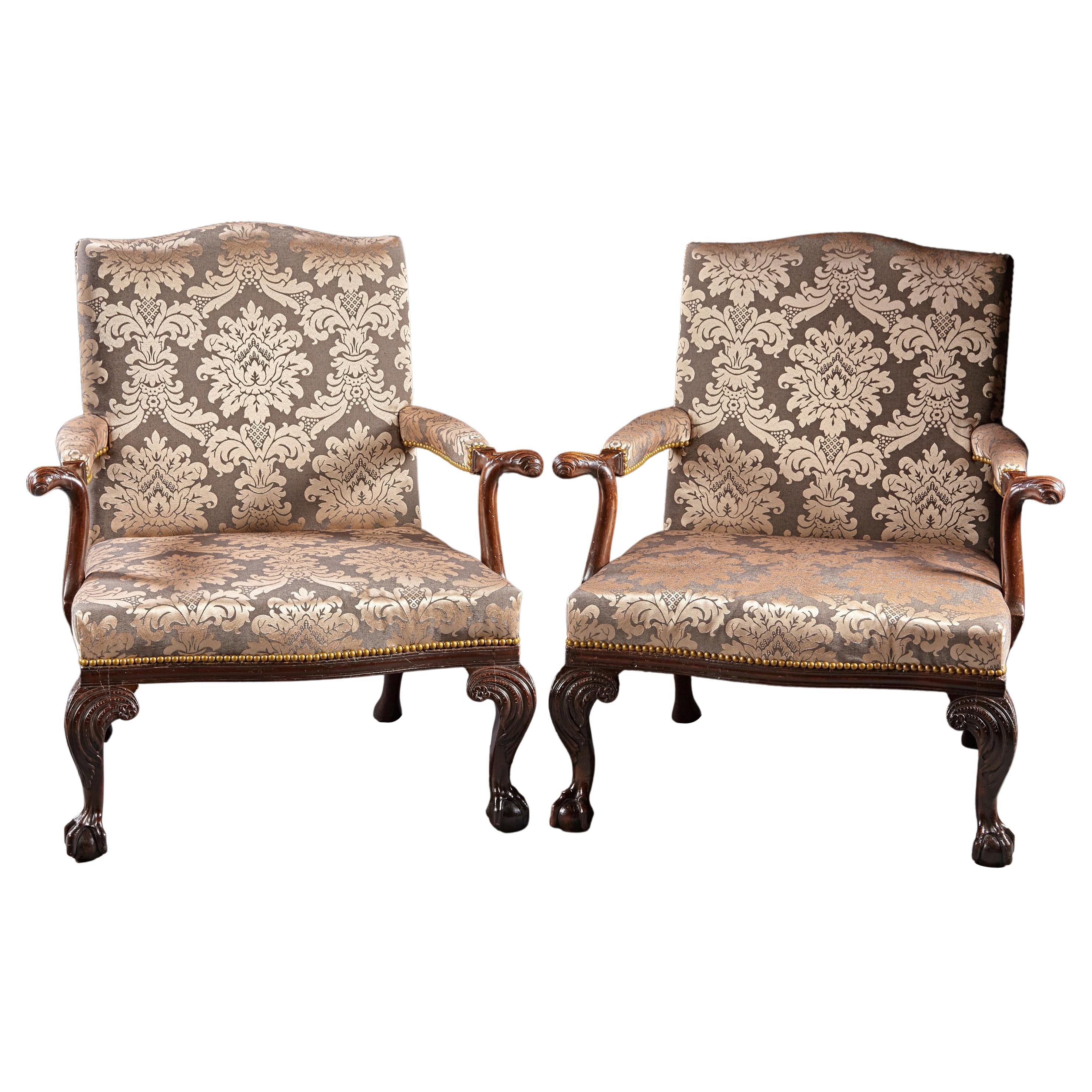 Pair of 18th Century Carved Mahogany Chippendale Period Gainsborough Armchairs