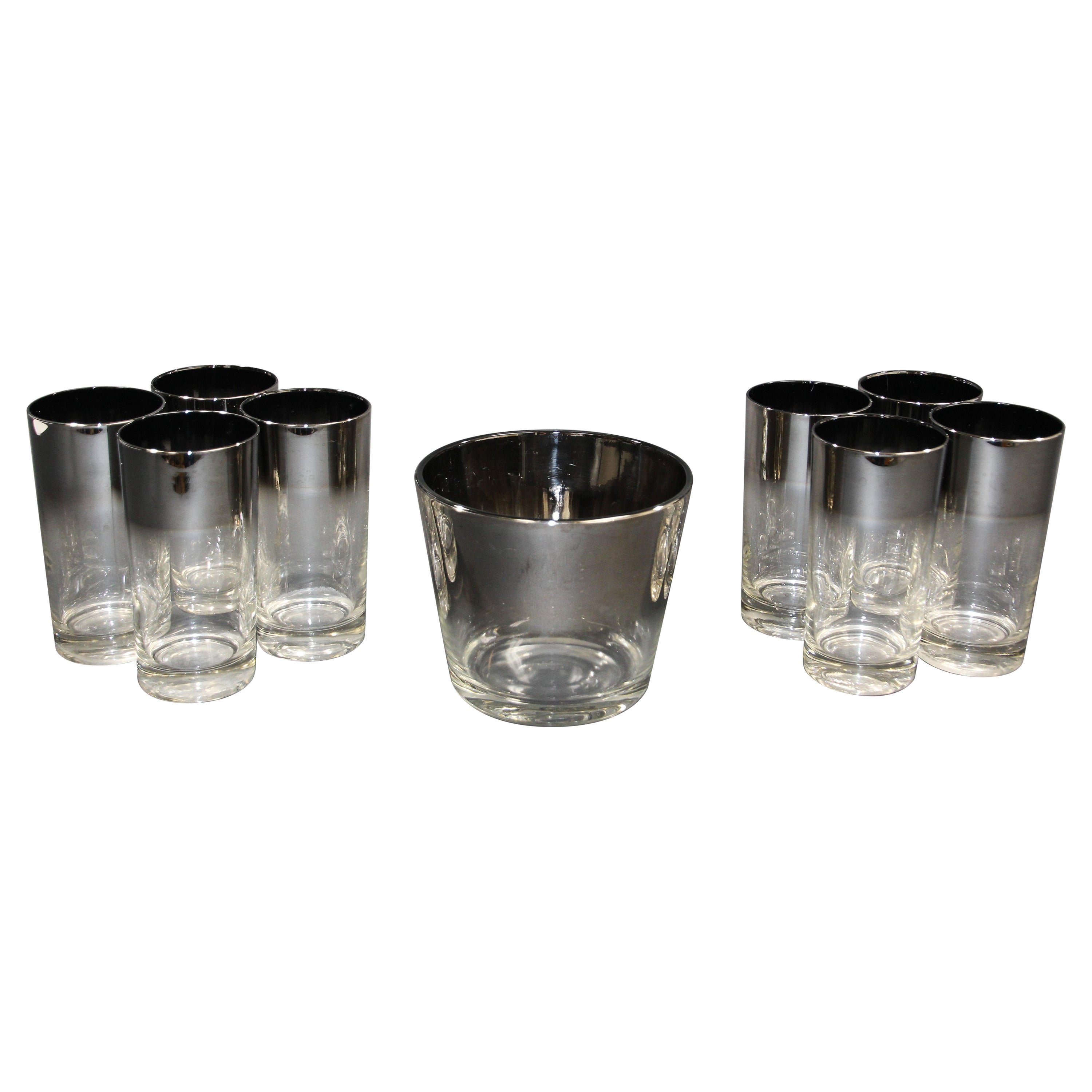 Dorothy Thorpe Mid-Century Silver Fade Cocktail Barware Glasses and Ice Bucket