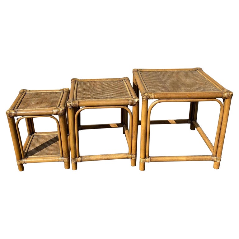 Bamboo Rattan Wicker Nesting Tables Stacking 3 Tortoise MCM Mid Century