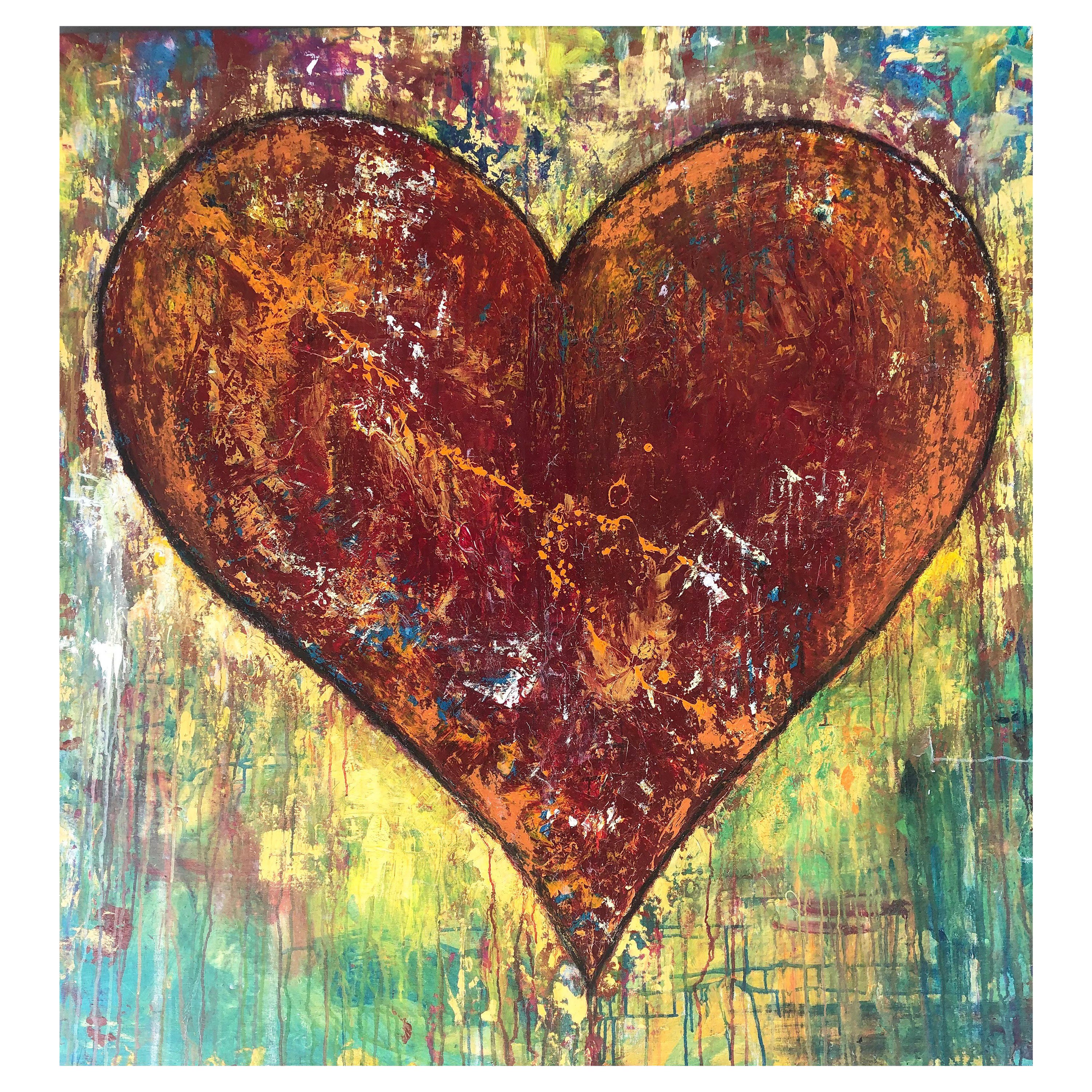 Large Vintage Cristina Dalcomune Abstract Heart Painting, Signed & Dated 2016 For Sale