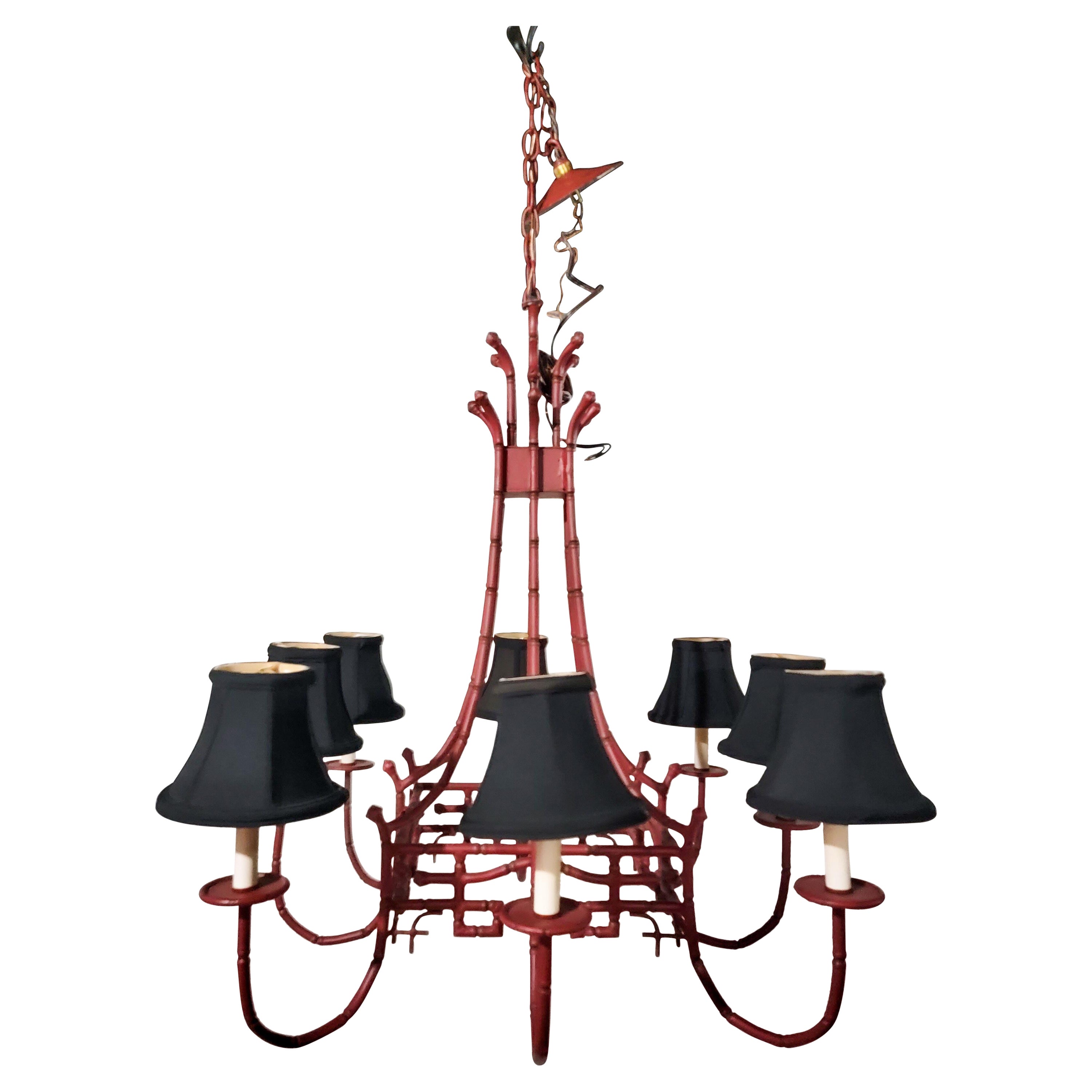 Chippendale Style Red Tole Painted Faux Bamboo Pagoda Chandelier, 8 Arm