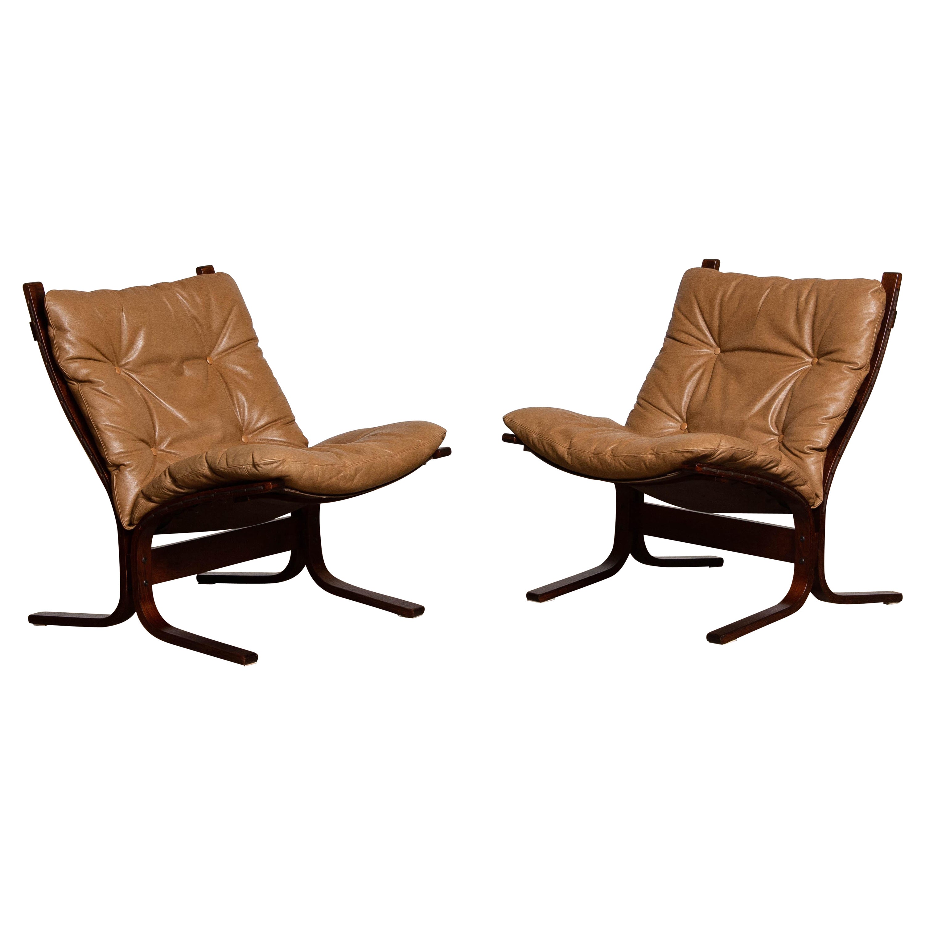 1970s Pair Camel Leather 'Siësta' Lounge Chairs by Ingmar Relling for Westnofa