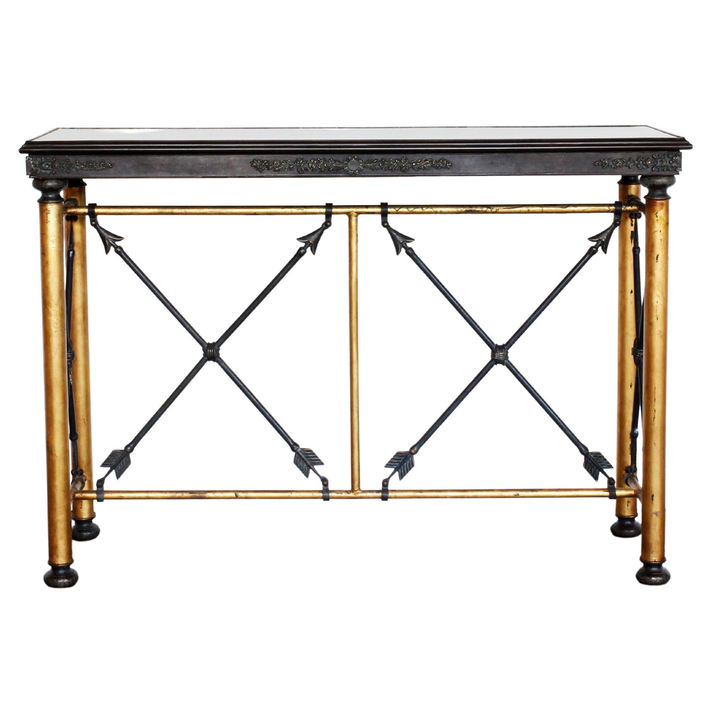 Early 20th Century Wrought Iron and Brass Console Table with Stone Top