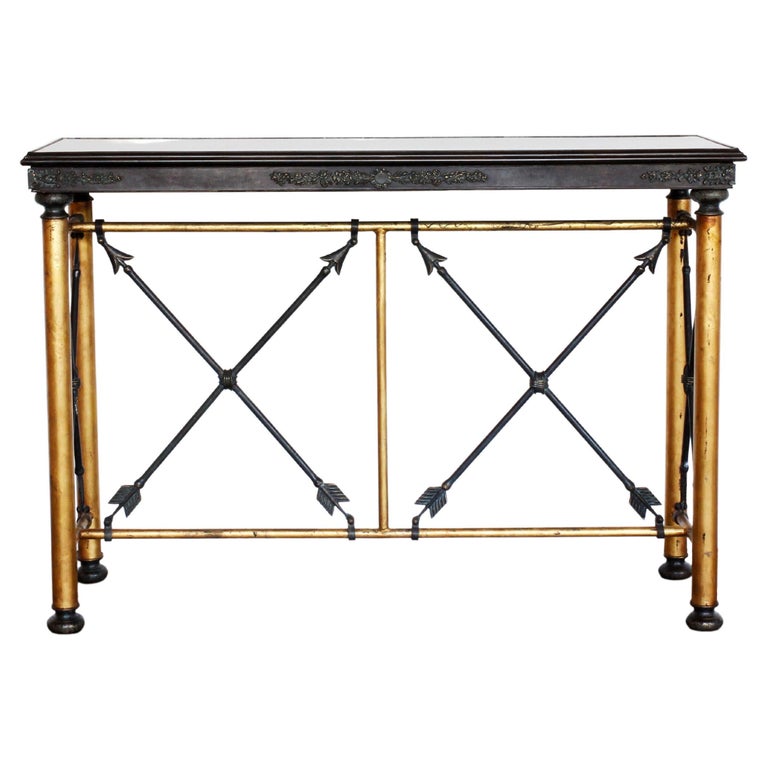 Wrought-iron and brass console table with stone top, early 20th century 
