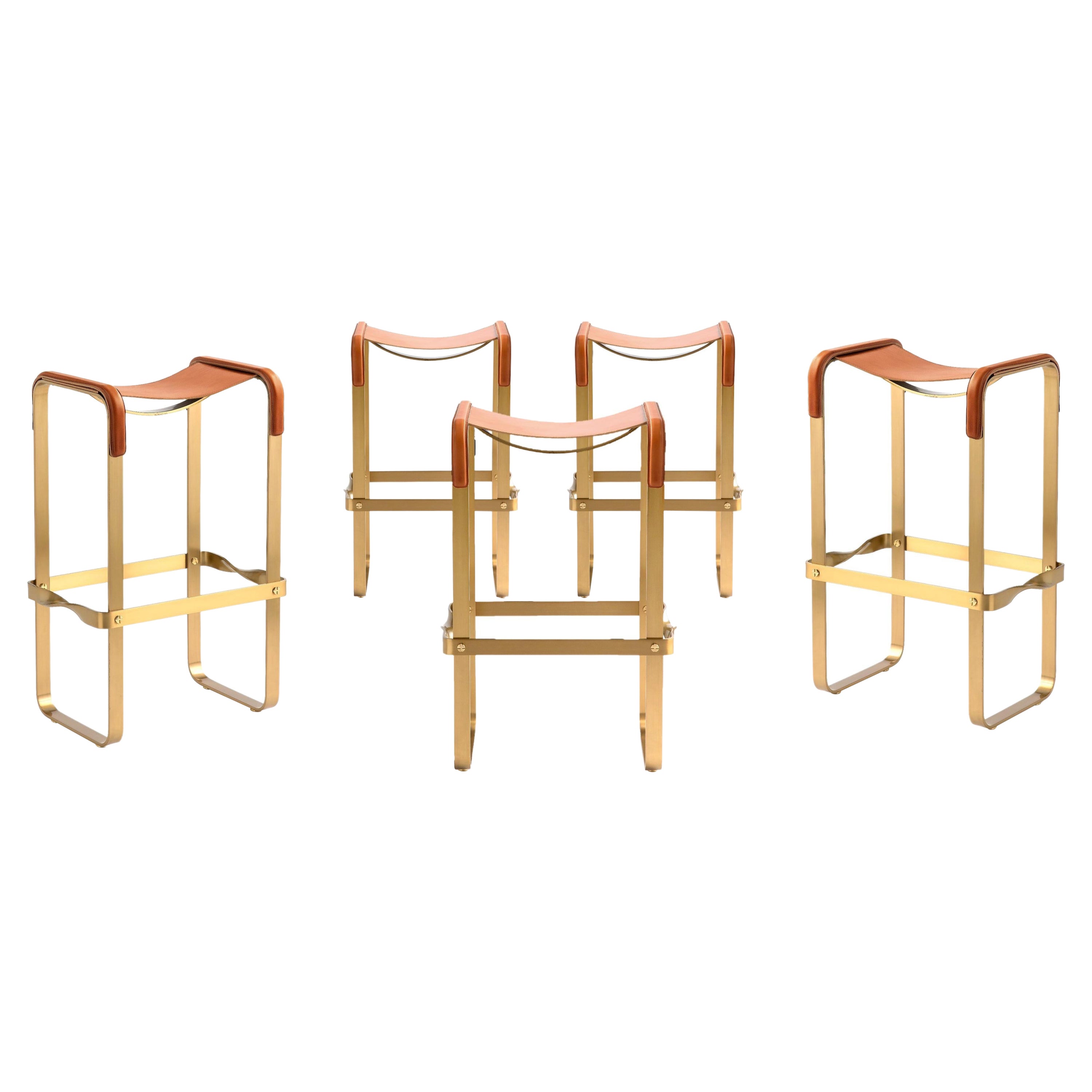 Set of 5 Contemporary Bar Stool Aged Brass Metal & Natural Tobacco Leather