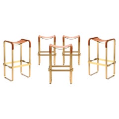 Set of 5 Contemporary Bar Stool Aged Brass Metal & Natural Tobacco Leather