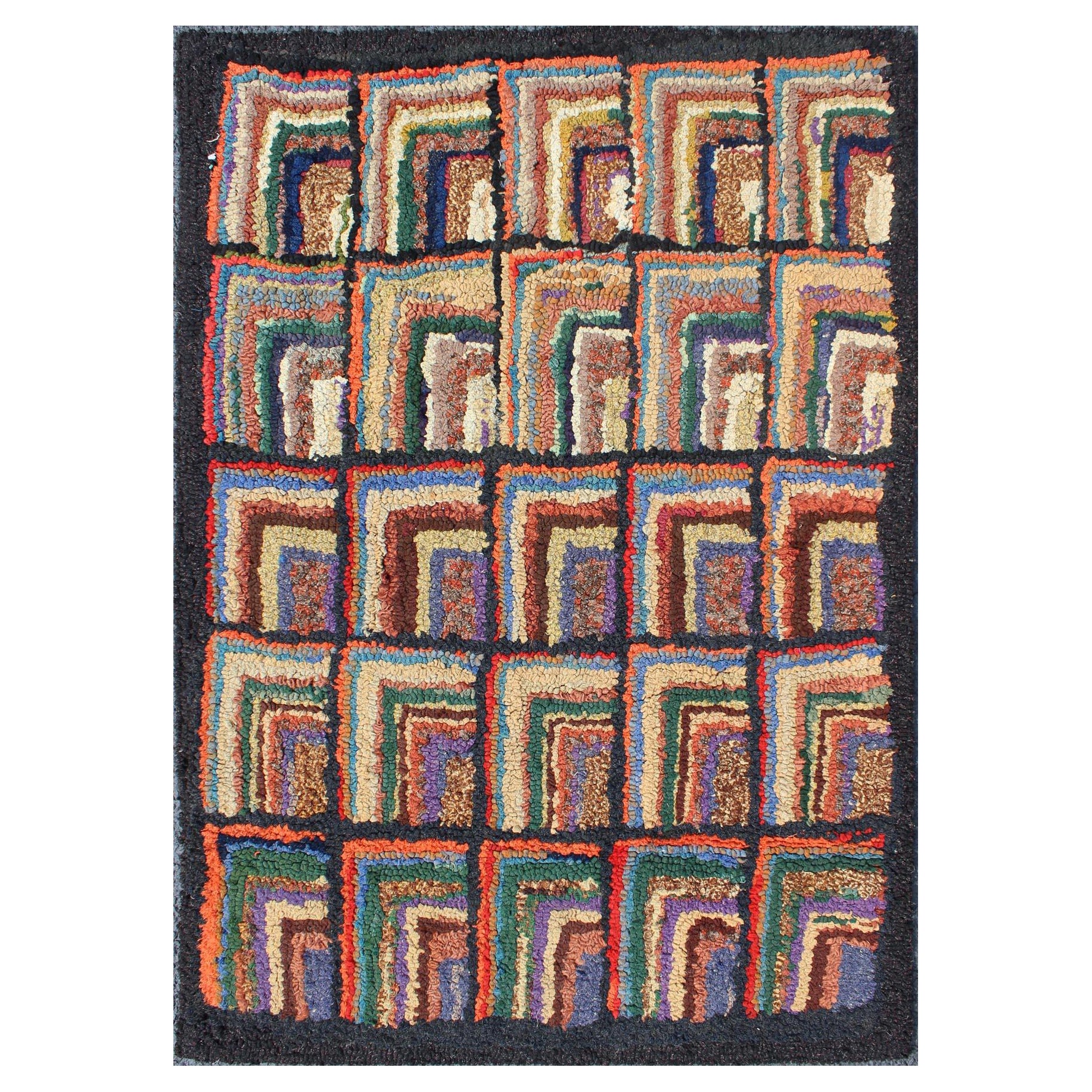 Checkerboard Antique American Hooked Rug with Geometric Designs