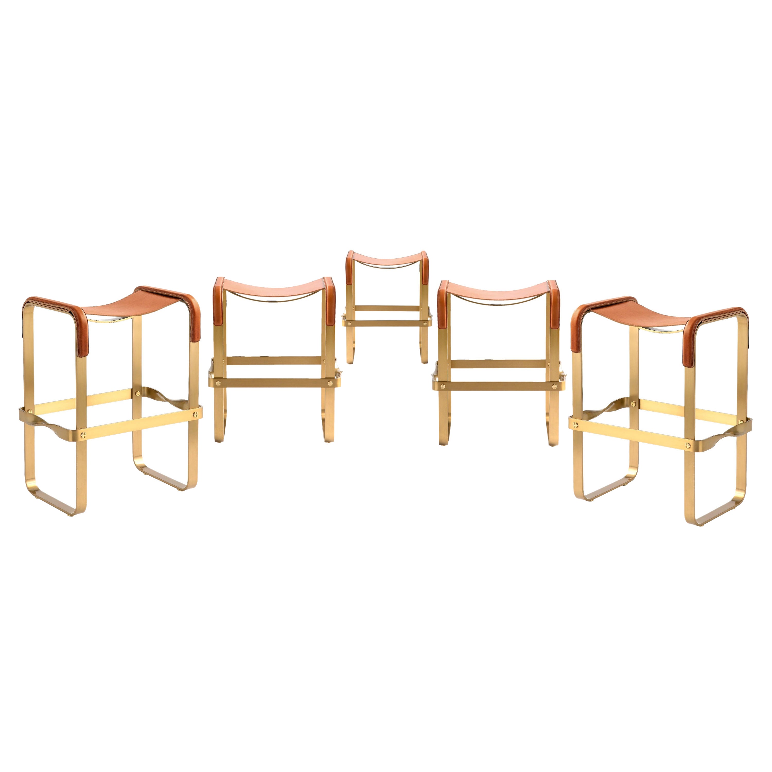 Set of 5 Counter Stool Contemporary Design, Aged Brass & Natural Tobacco Leather