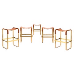 Set of 5 Counter Stool Contemporary Design, Aged Brass & Natural Tobacco Leather