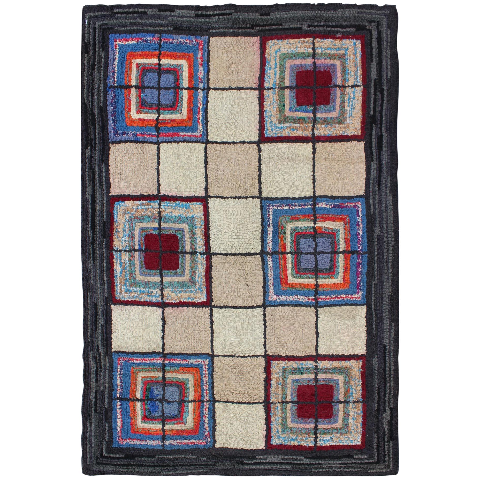 Checkerboard Vintage American Hooked Rug with Geometric Cross Designs