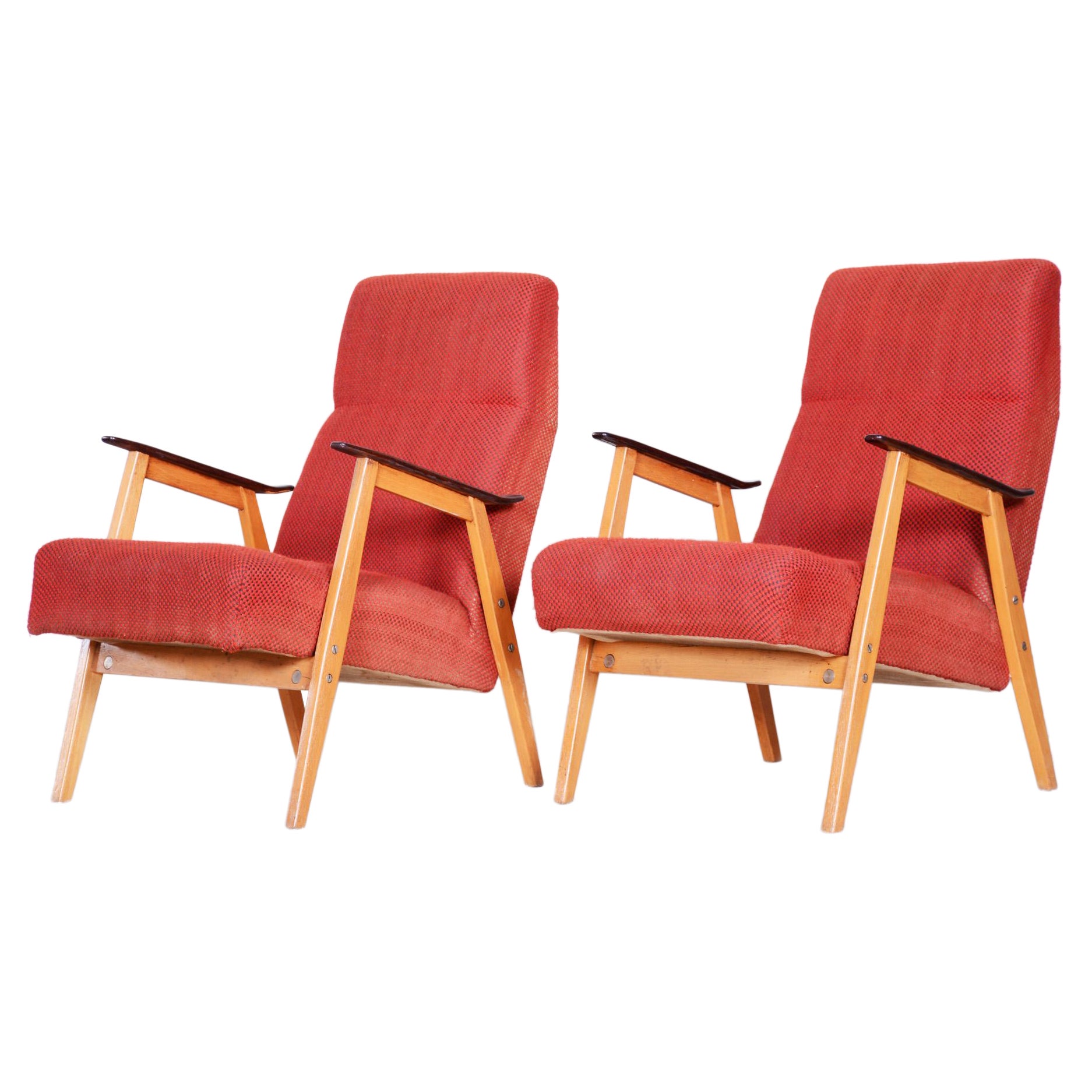 Restaurierte rote Sessel aus der Mitte des Jahrhunderts, hergestellt von Jaroslav mdek, Tschechien 1950, Paar