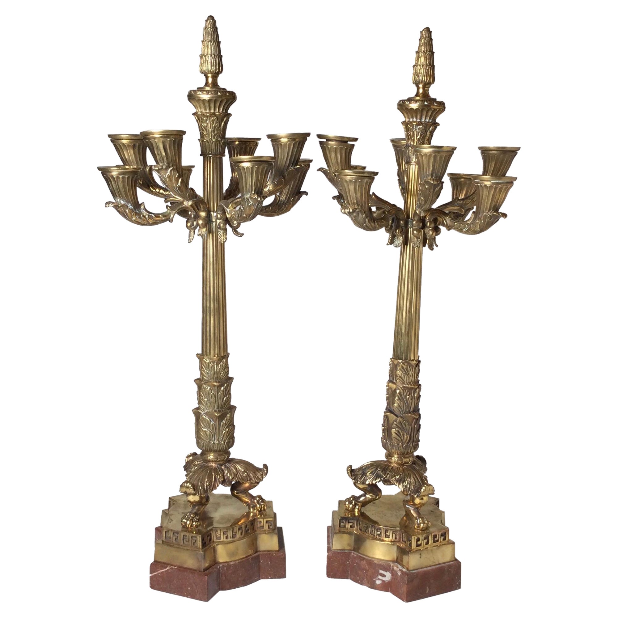Pair of Polished Bronze and Marble Charles X Style Candelabra For Sale