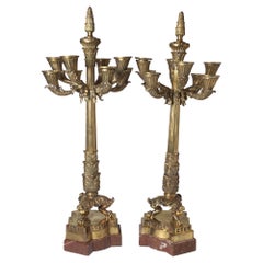 Pair of Polished Bronze and Marble Charles X Style Candelabra