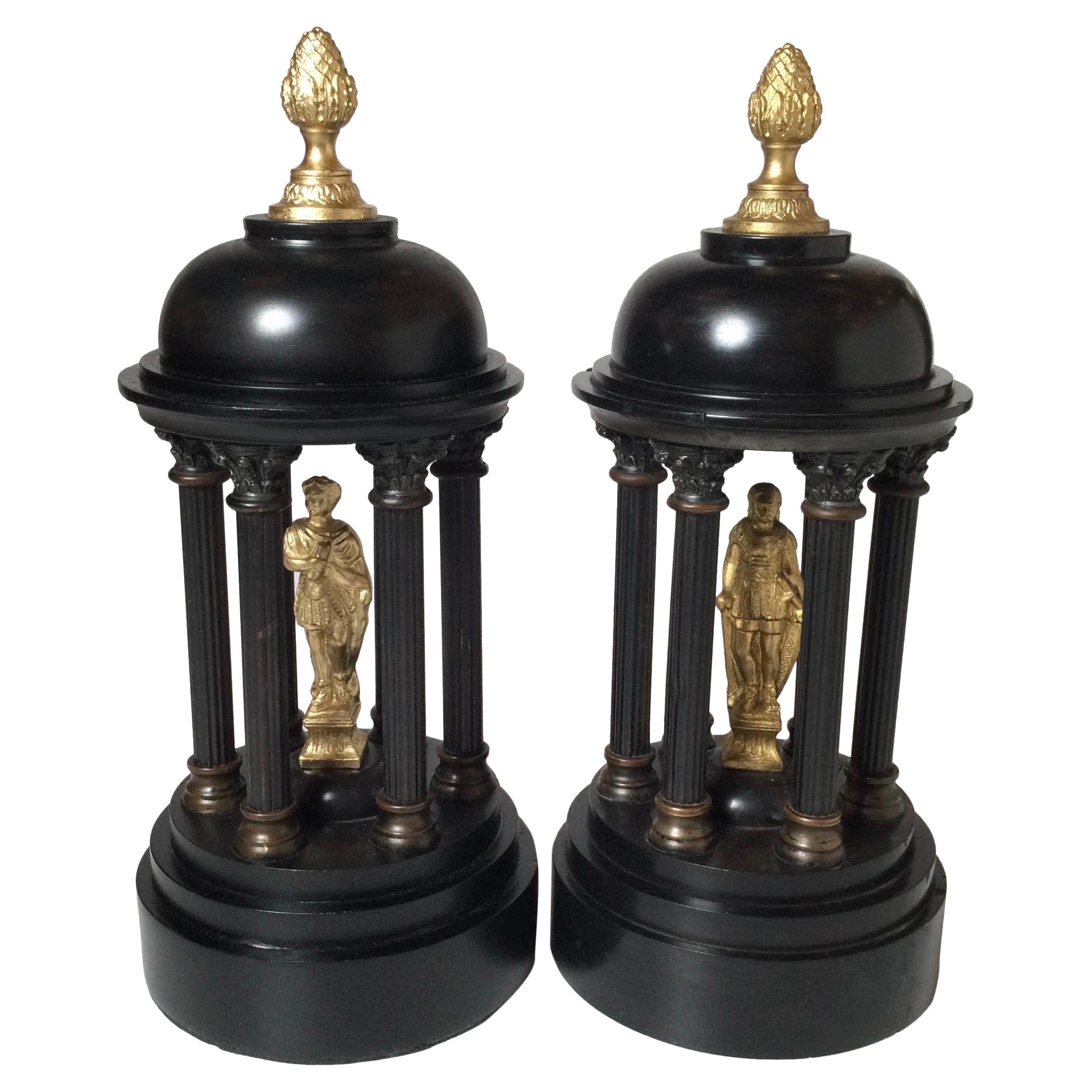 Pair of Gilt Bronze and Belgian Slate Temple Garnitures, 19th Century