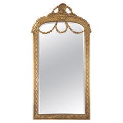 French Gold Finish Wood & Gesso Beveled Mirror with Floral Swags Shell Keystone