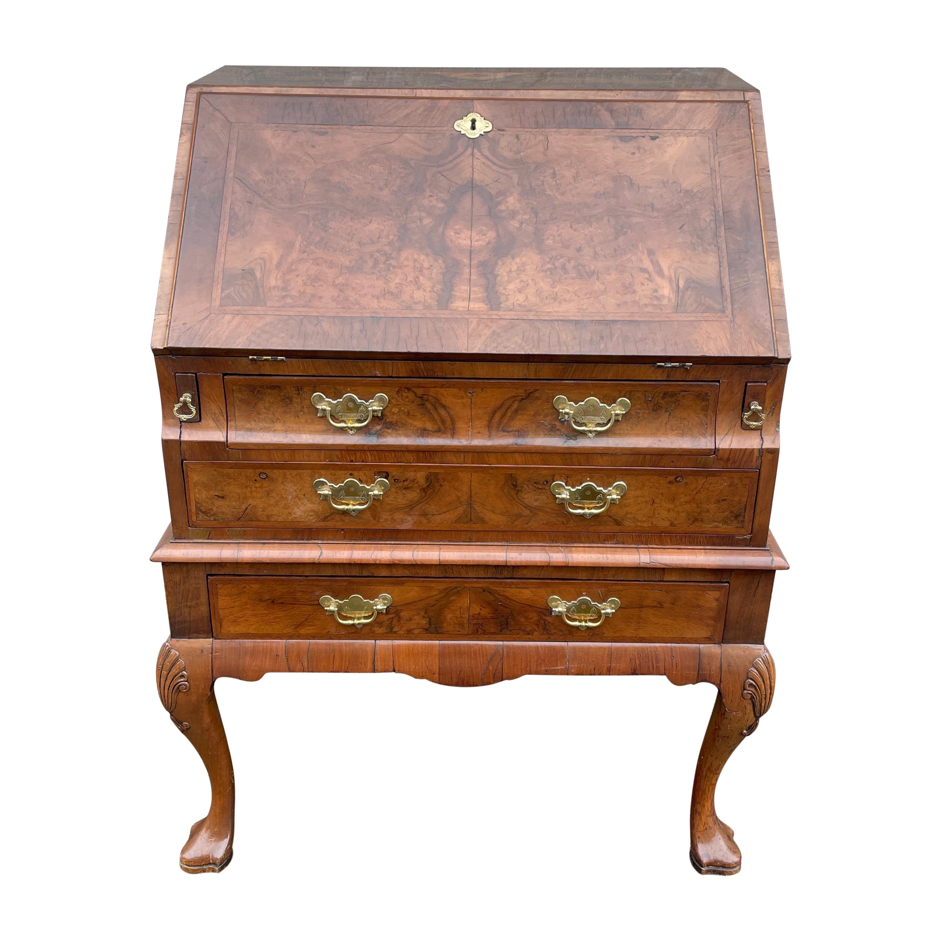 Antique Walnut Slant Front Queen Anne Style Secretary Desk