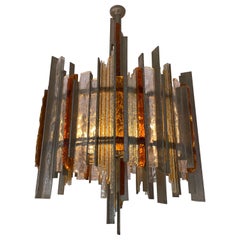 Chandelier Wrought Iron Hammered Glass by Biancardi & Jordan Arte, Italy, 1970s