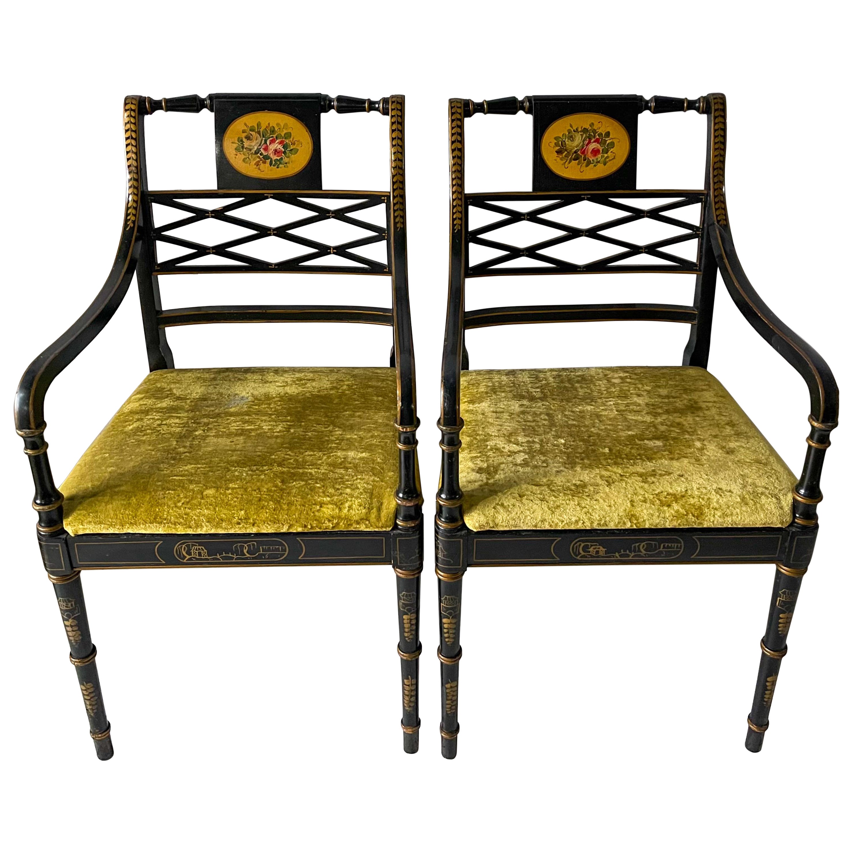 Regency Style Painted Black Lacquer Chinoiserie Bergere Chairs, Pair