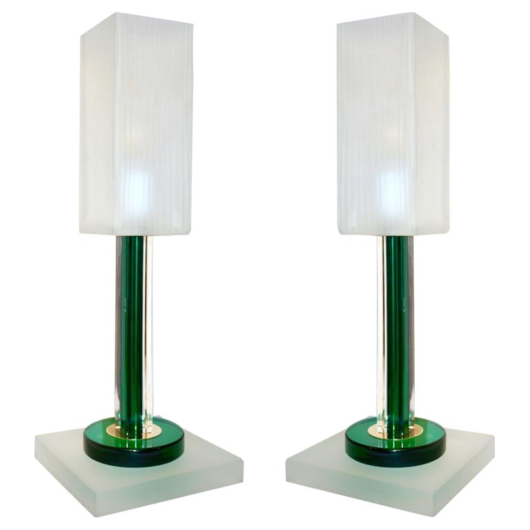 Venini Vintage Green Pair Of Table Lamps With White Frosted Murano Glass Shades For At 1stdibs White Frosted Murano Glass Shades, Glass Saucer Lamp Shade
