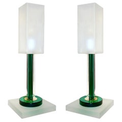 Venini Vintage Green Pair of Table Lamps with White Frosted Murano Glass Shades