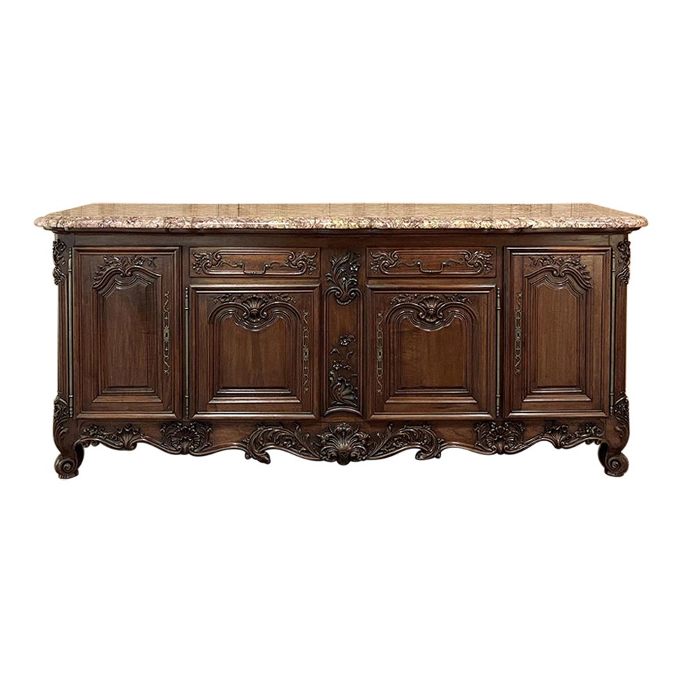 Grand Antique French Walnut Louis XIV Marble Top Buffet ~ Sideboard