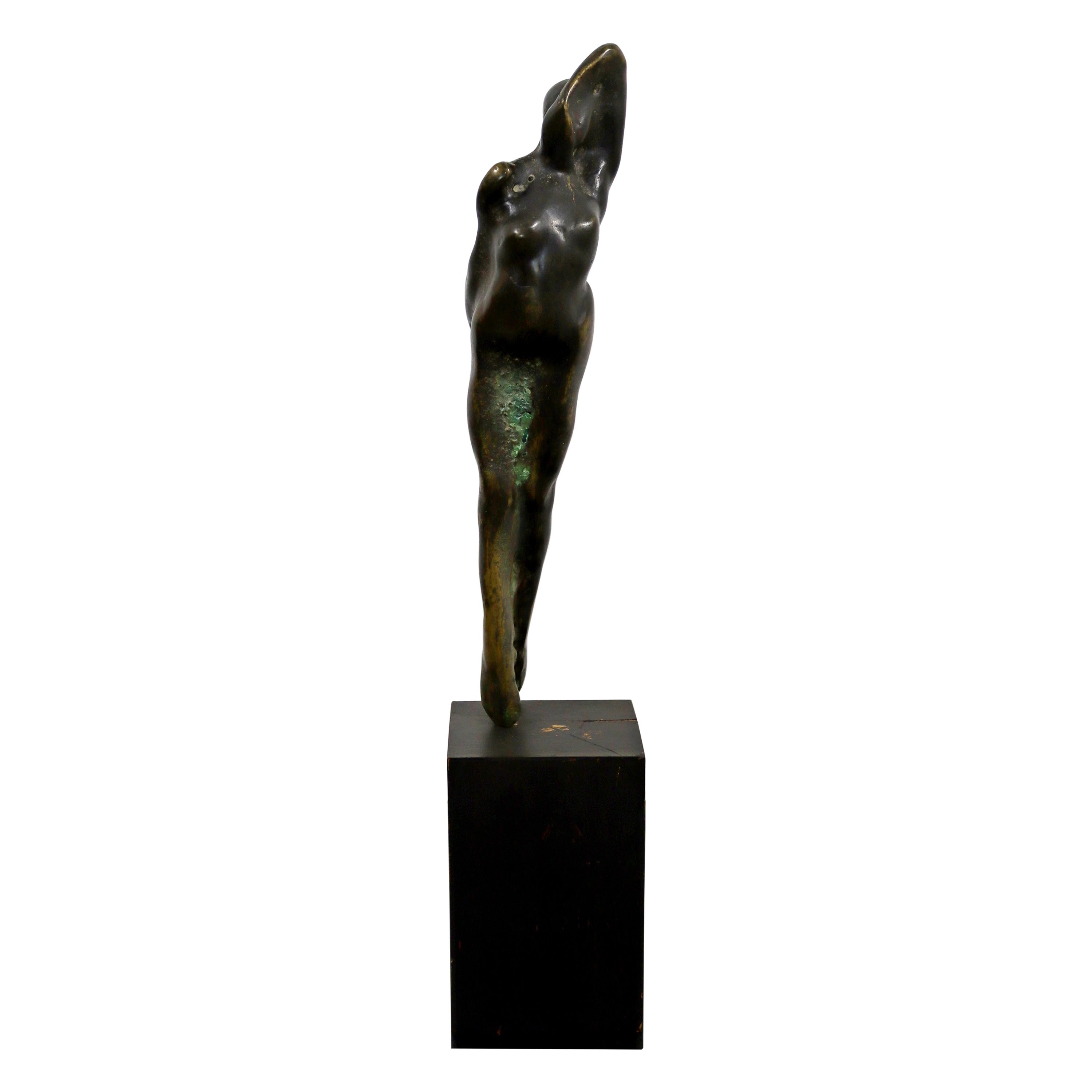 Mid Century Modern Bronze Abstracted Woman Table Sculpture Statue on Wood Base
