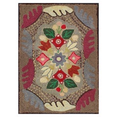 Antique American Hooked Floral Rug with Multi Colors Light Brown, Green, Yellow